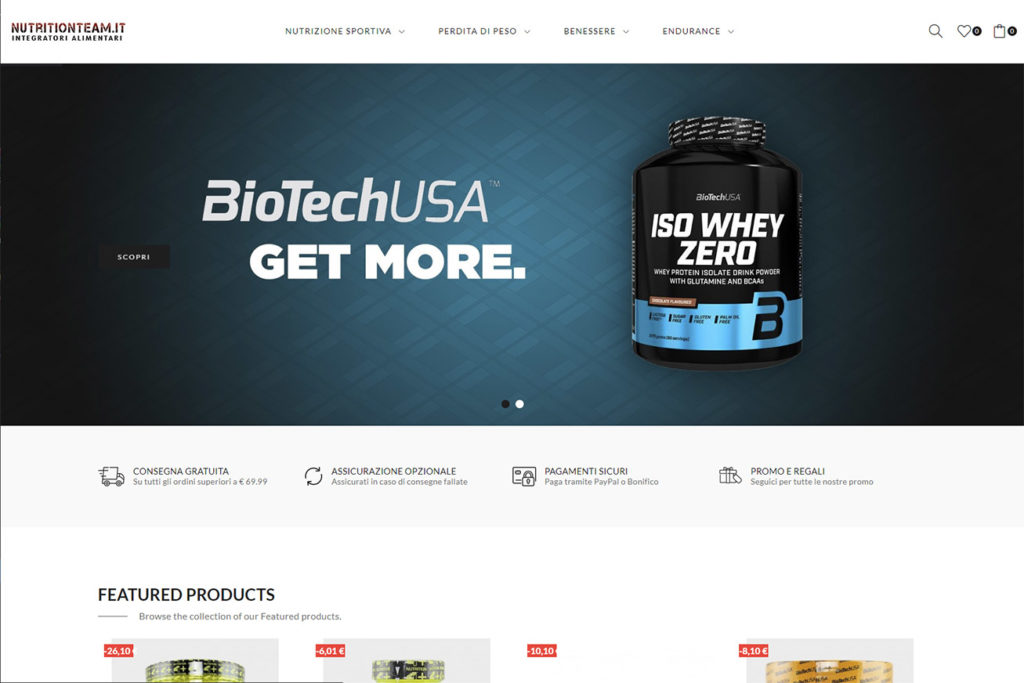 Home page dell'e-commerce Nutrition Team con prodotti BioTech USA