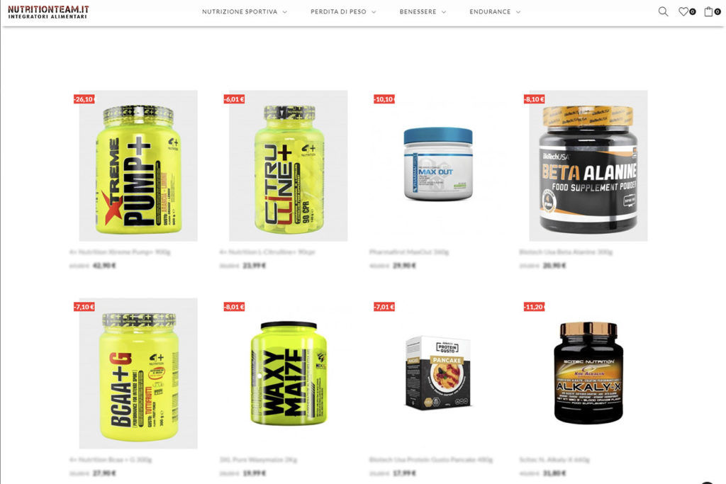 E-commerce Nutrition Team: elenco dei prodotti