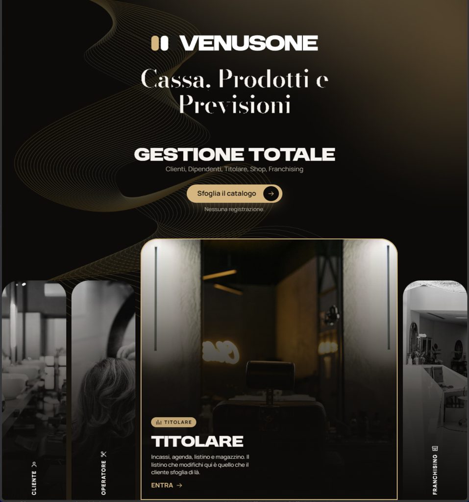 VenusOne: schermata Cassa, prodotti e previsioni per la gestione totale del salone