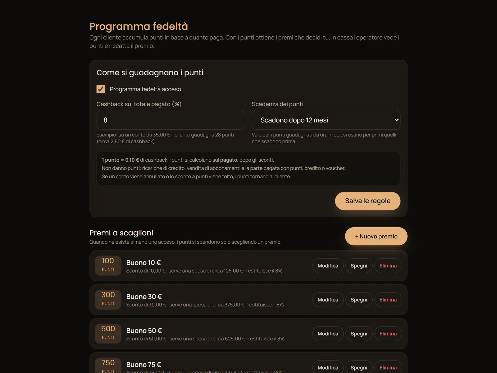 Impostazioni del programma fedeltà a punti con i premi a scaglioni