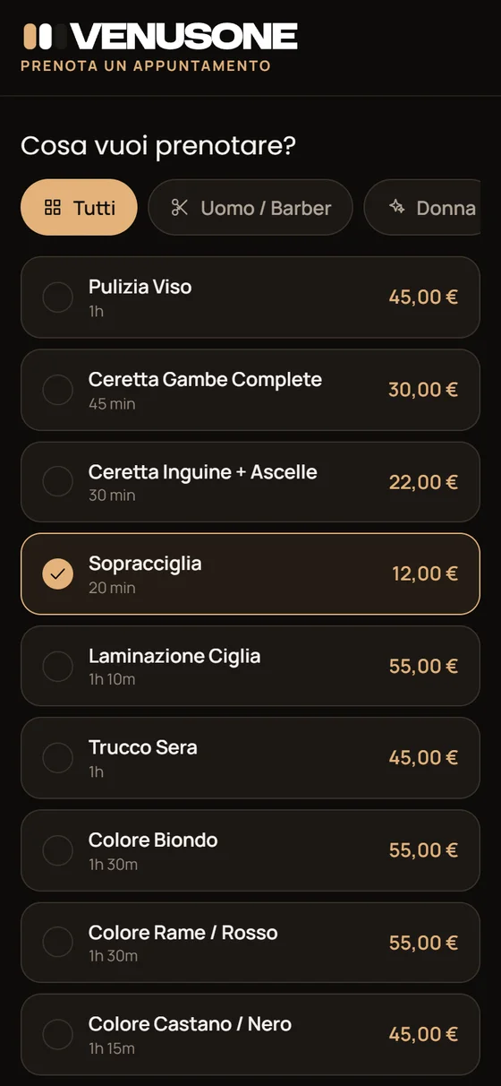 Prenotazione online dal telefono con i servizi e i prezzi