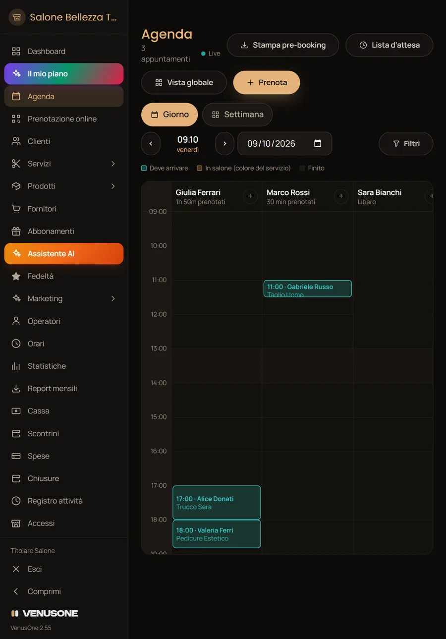 Agenda di VenusOne sul tablet con gli appuntamenti per operatore