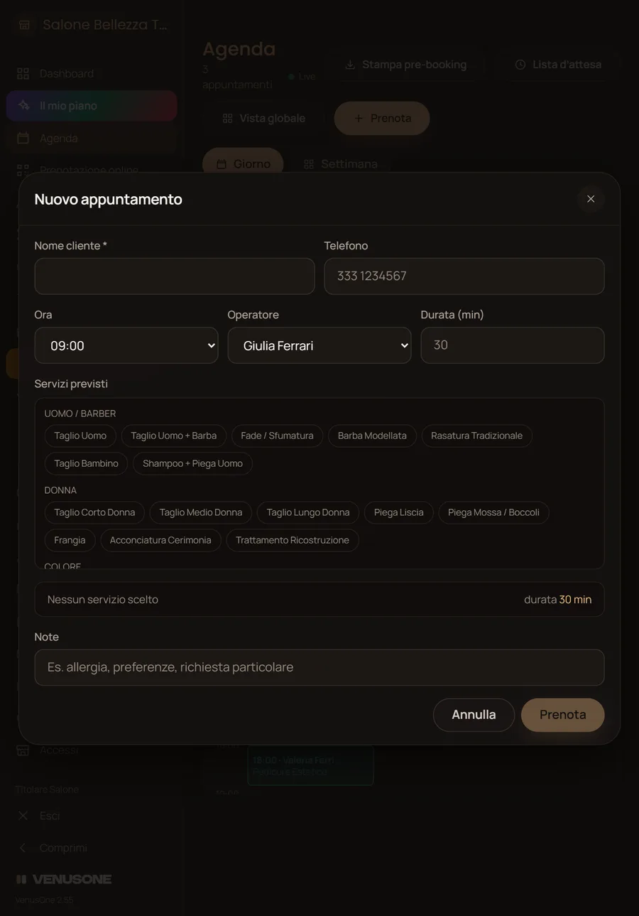 Nuovo appuntamento sul tablet con servizi, operatore e durata